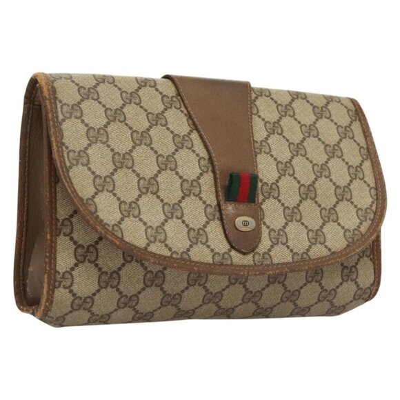 GUCCI GG Supreme Web Sherry Line Clutch Bag PVC Beige Gold 89 01 030 Auth BA4284 - Picture 1 of 16